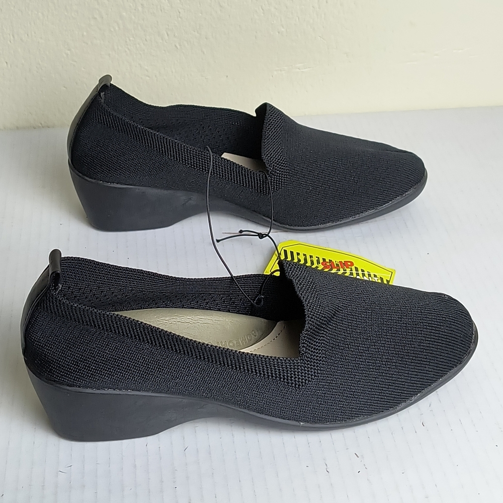 Sleek Black Slip-On Loafers Semi Wedge Size 6.5 Slip Resistant Comfort Support